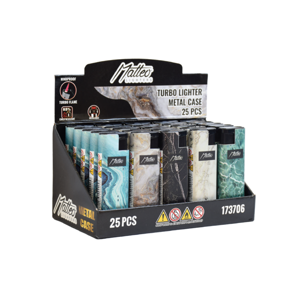 Matteo Metal Turbo Lighter Marble Windproof 25 pack