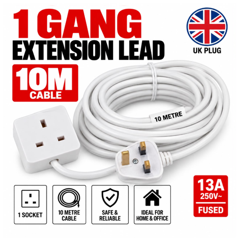 Extension Lead, 1 Gang, 10 Metre Extension Cable with UK 3 Pin Plug
