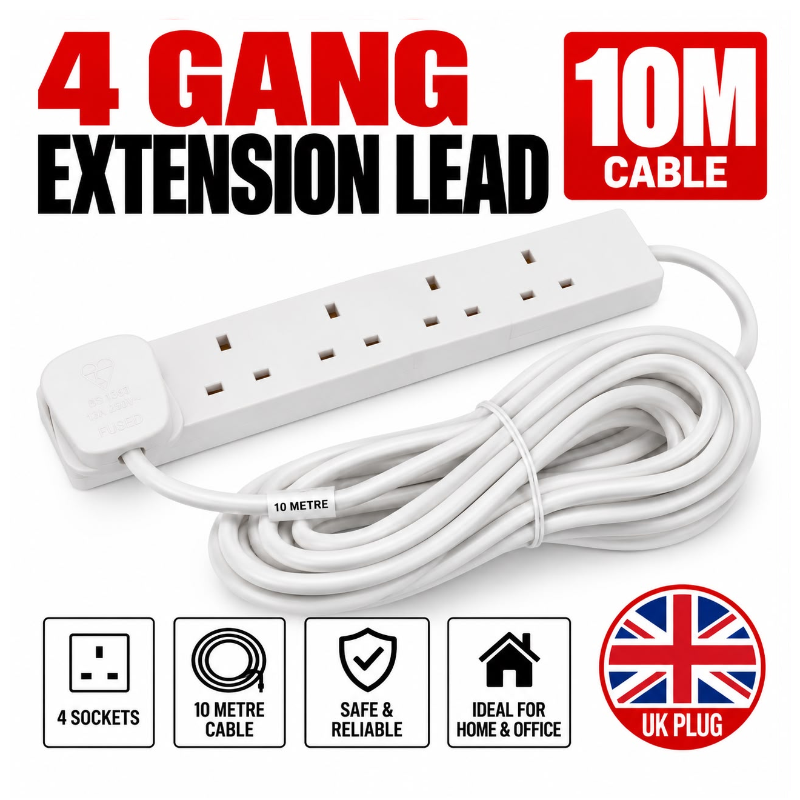 Extension Lead, 4 Gang, 10 Metre Extension Cable with UK 3 Pin Plug