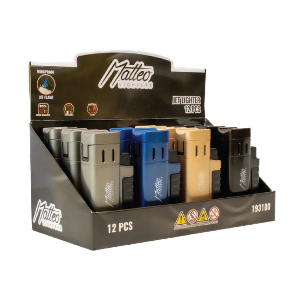 Matteo Metal Triple Jet Turbo Lighter Metallic Windproof 12 pack