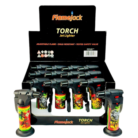 Flamejack Translucent Big Torch Jet Lighter Rasta Design x 12 Blow Torch