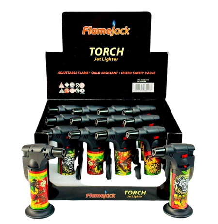 Flamejack Translucent Big Torch Jet Lighter Rasta Design x 12 Blow Torch