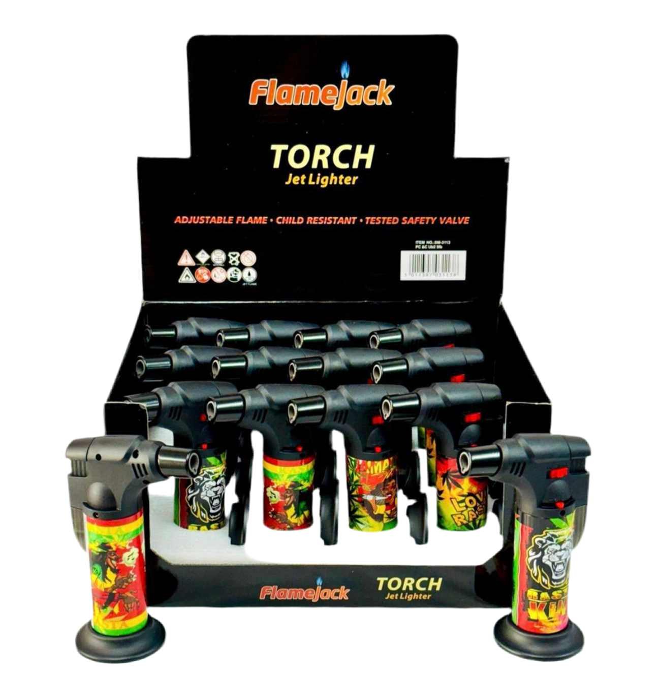 Flamejack Translucent Big Torch Jet Lighter Rasta Design x 12 Blow Torch