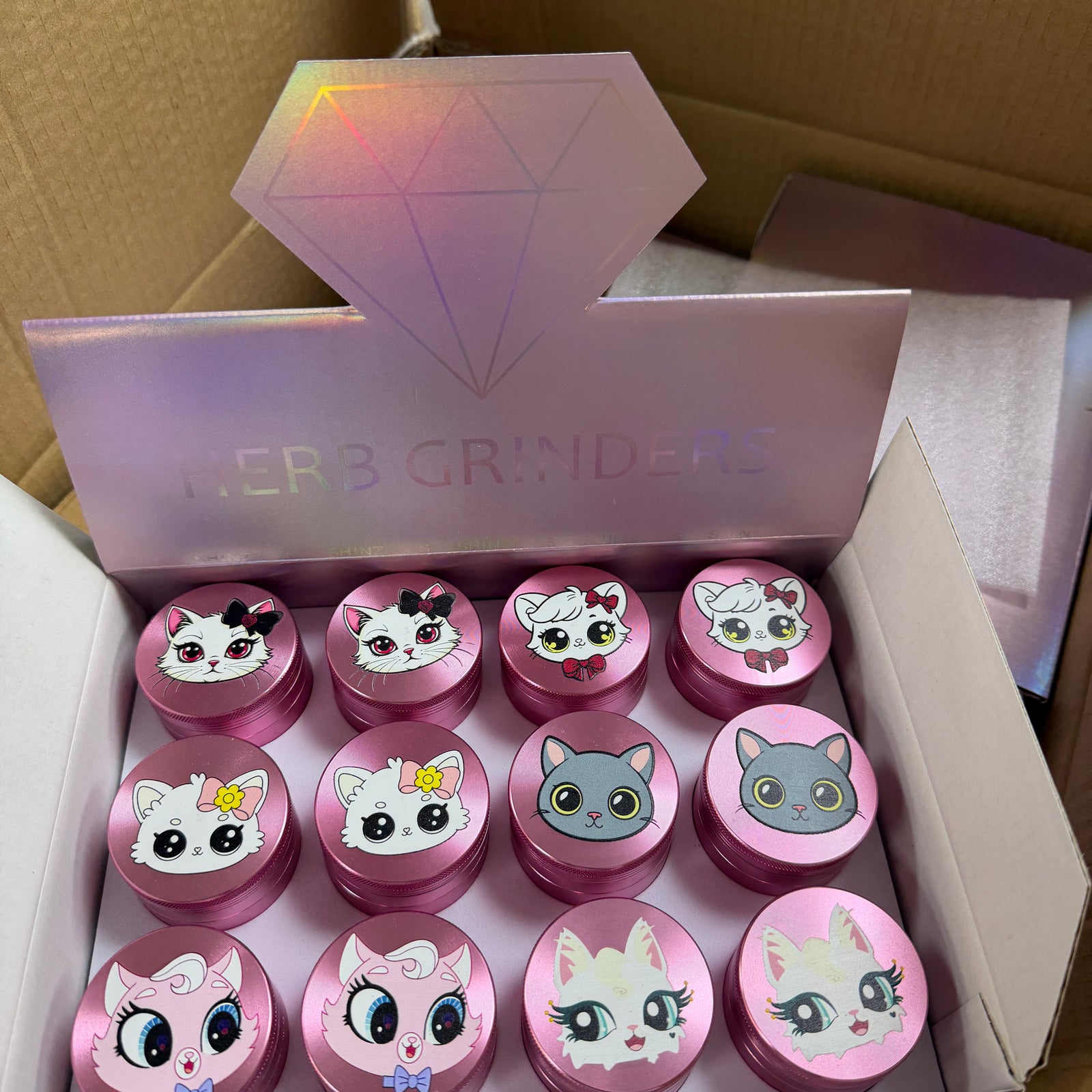 63mm Pink Cartoon Cat Metal Grinder – Assorted Cute Animal Designs 12 Pack SS-2529