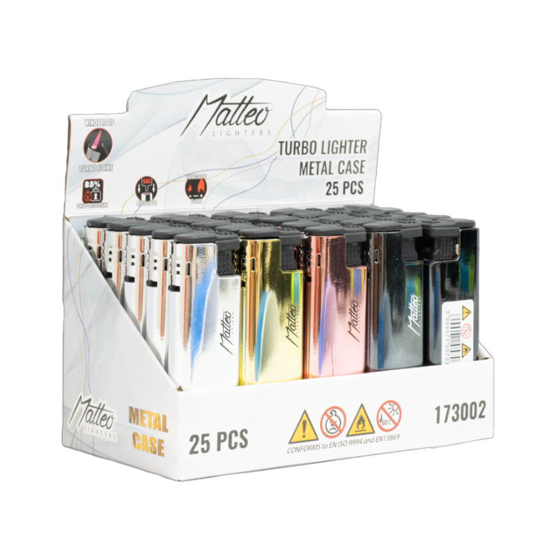 Turbo Windproof Lighter 173002 Matteo in Metal case Elegant 25 pack