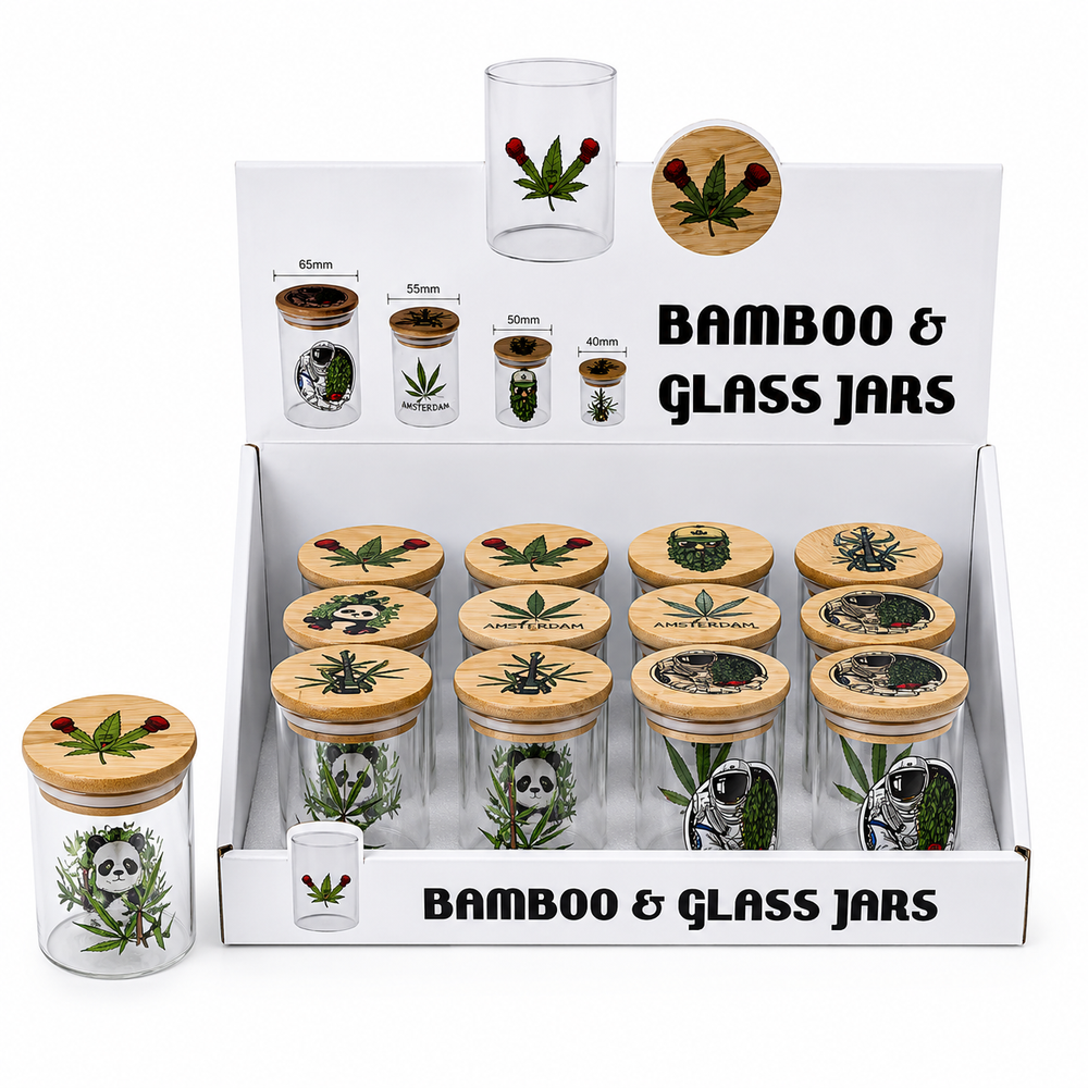 50mm Bamboo Lid Glass Storage Jars Airtight Glass Herb Storage SS-0682 - 12 jars per tray