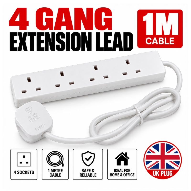Extension Lead, 4 Gang, 1 Metre Extension Cable with UK 3 Pin Plug