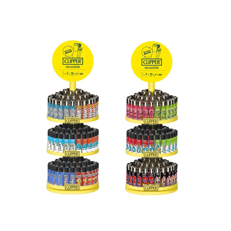 Clipper Reusable Lighter Assorted Design 3-Tier Display Stand – 144 Pieces