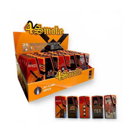 Amsterdam Metal Windproof Jet Flame Lighter – 25 Pack (Refillable, Assorted Designs)