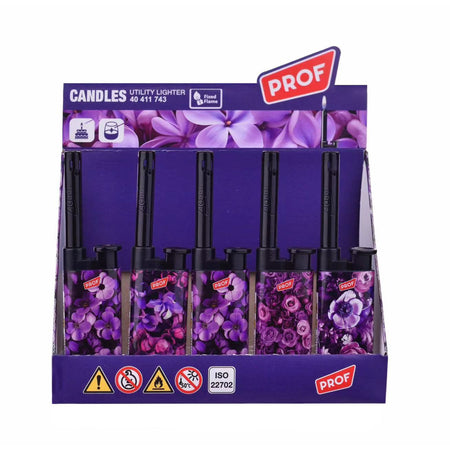 PROF Candle Lighter Purple Flowers – Long Utility Gas Lighter for Candles & Kitchen (Display Pack) 25 pack