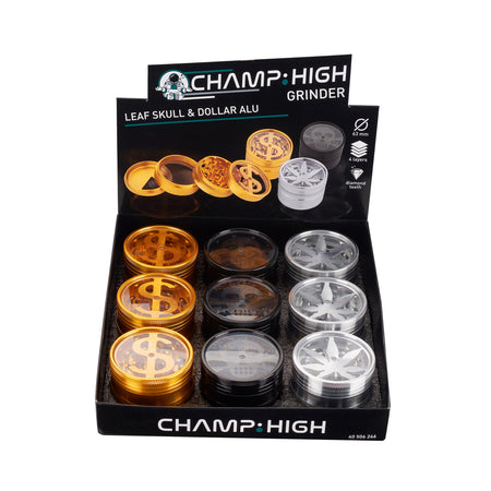 Champ High Aluminium Grinder 63mm 4 Layer – Dollar, Skull & Hemp Leaf Designs x 9