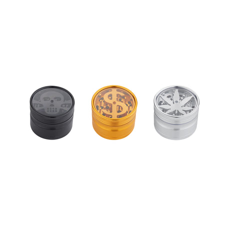 Champ High Aluminium Grinder 63mm 4 Layer – Dollar, Skull & Hemp Leaf Designs x 9