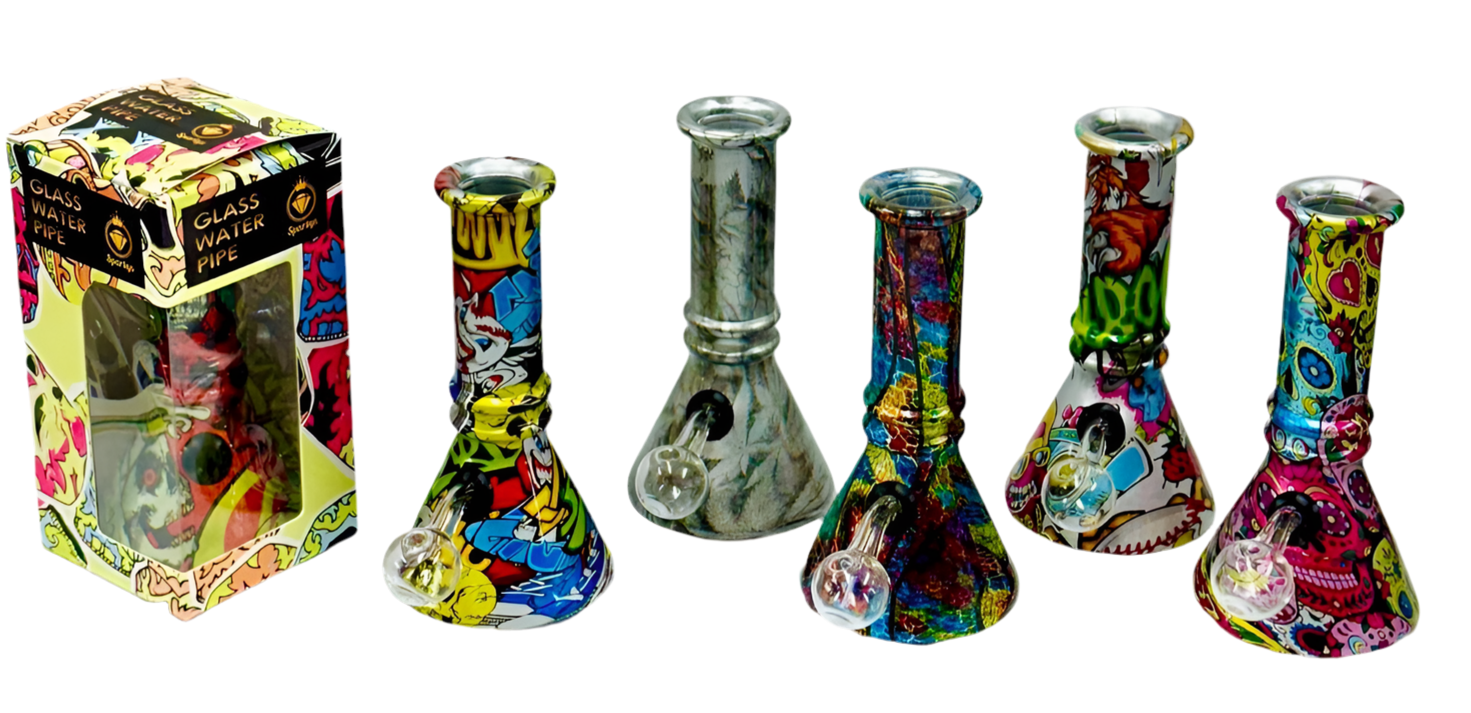 D&K Glass Water Pipe Bong Printed With Pipe Assorted Design x 1