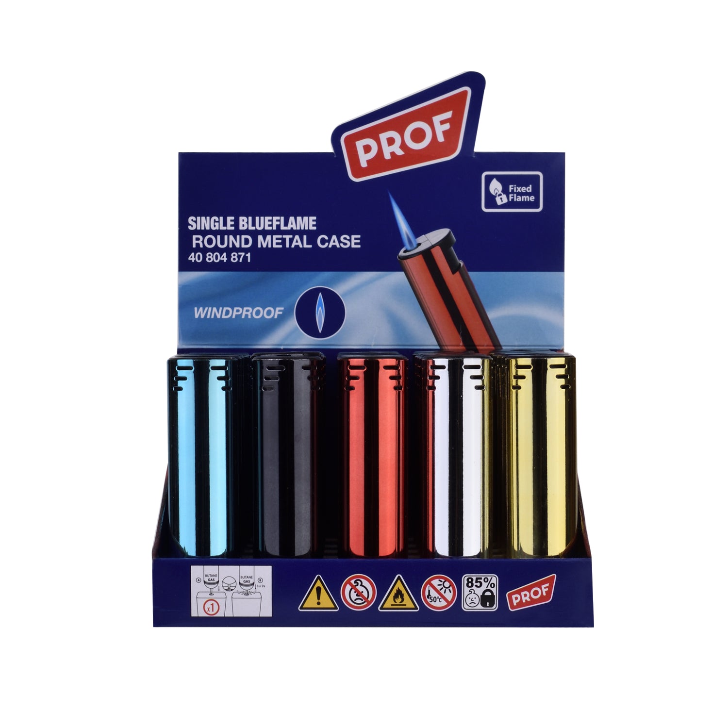 PROF Single Blue Flame Lighter – Round Metal Case Windproof (Display Pack) 25 pack