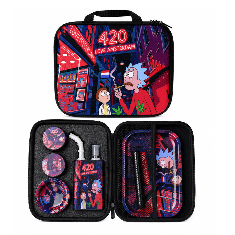 Zipper Set Smoking Amsterdam 420 with Ashtray, Grinder, Tray, Bong and Containers Gift Set SS-0010