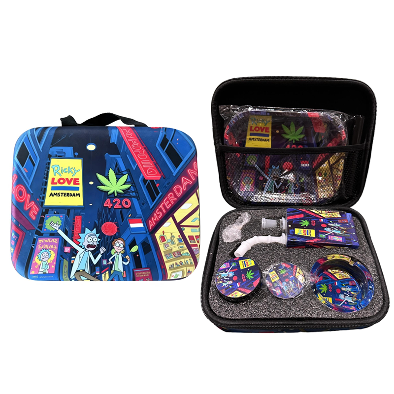 Zipper Set Smoking RICKY LOVE AMSTERDAM with Ashtray, Grinder, Tray, Bong and Containers Gift Set SS-0010