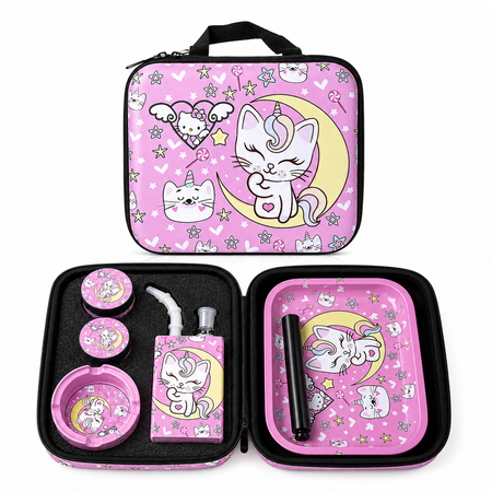 Zipper Set Smoking Pink Kitty with Ashtray, Grinder, Tray, Bong and Containers Gift Set SS-0010