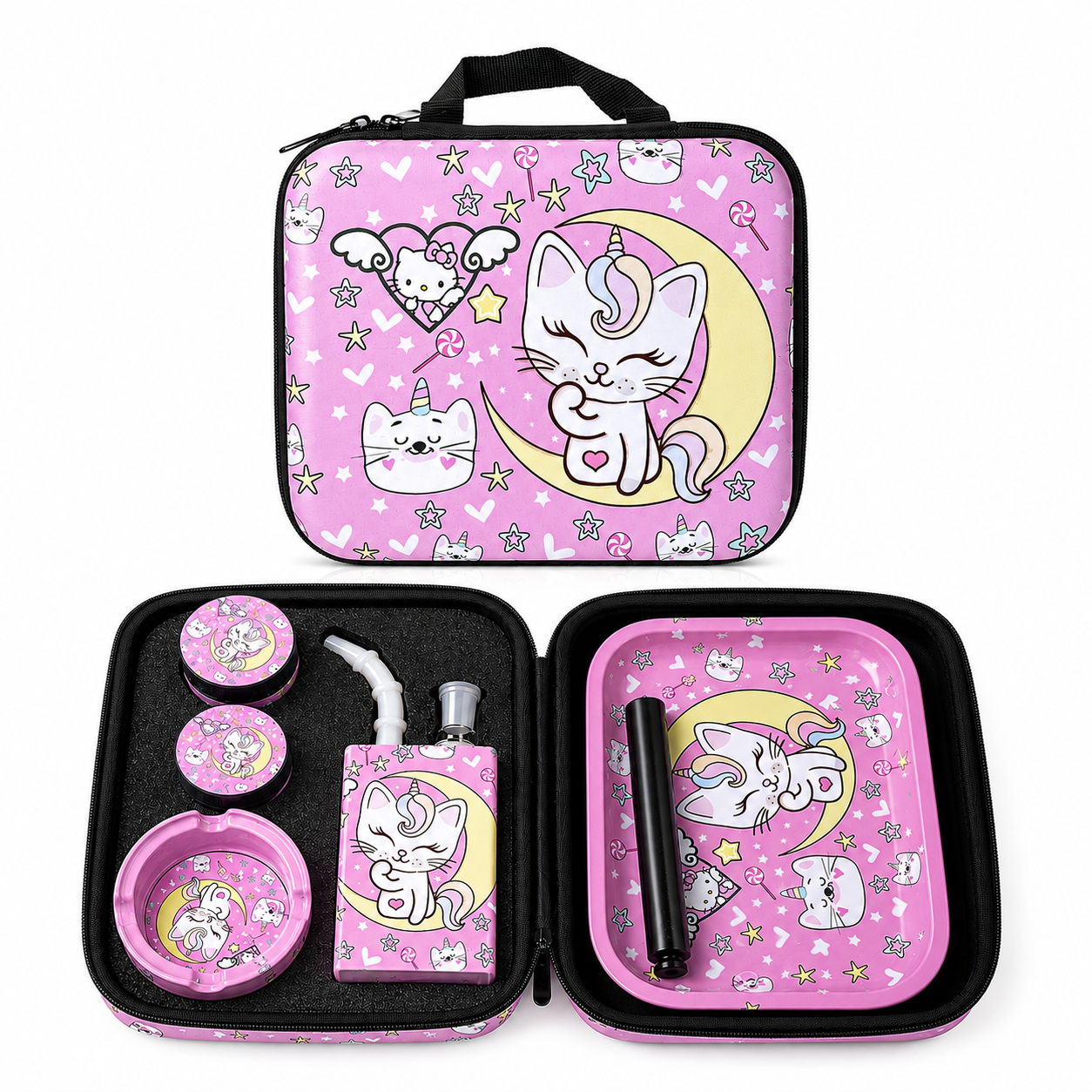 Zipper Set Smoking Pink Kitty with Ashtray, Grinder, Tray, Bong and Containers Gift Set SS-0010