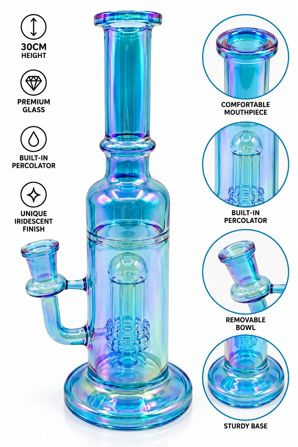 8.4-Inch Klein Style Heavy Glass Bong Water Pipe - Mixed Colours Boxed