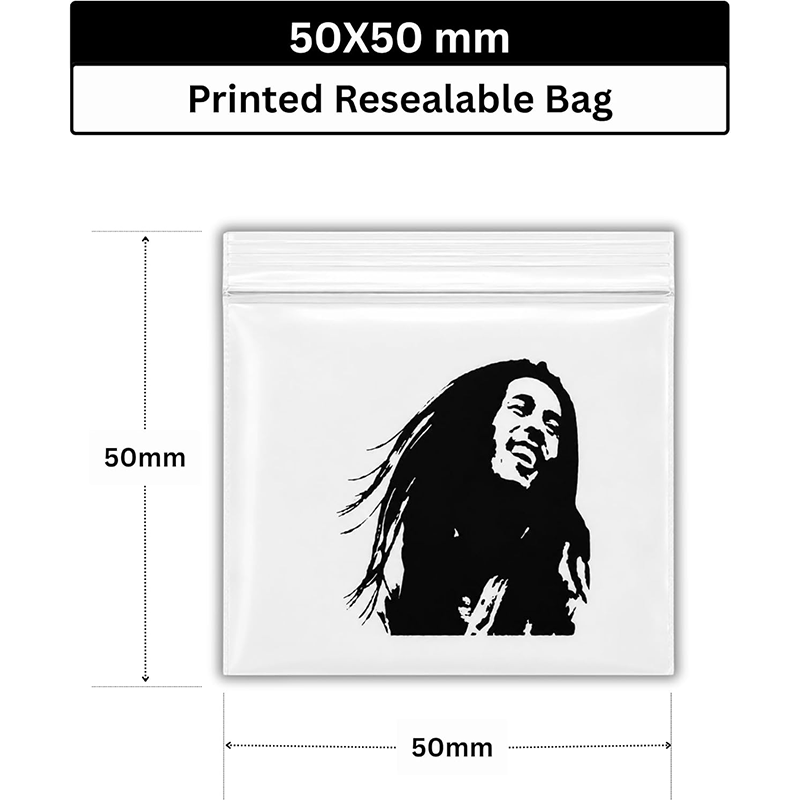 Printed Bob Marley Bag Zip Lock 50mm x 50mm Self Press Seal Resealable Polythene Baggies HEAD