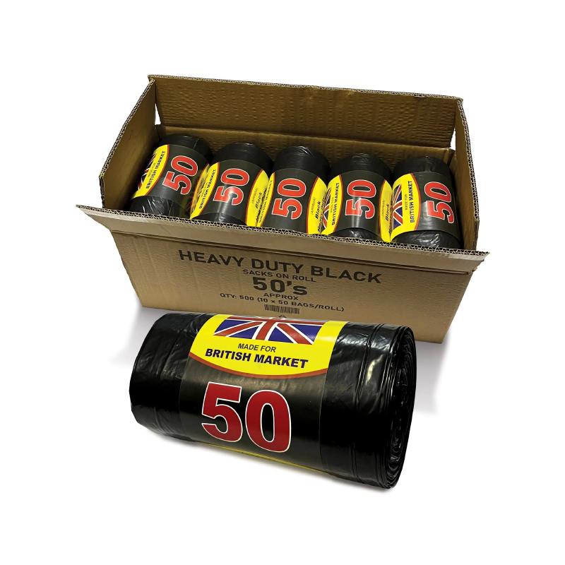 Heavy Duty Black Bin Bags on Roll – 50's Qty 500 (10x50 Bags/Rolls)
