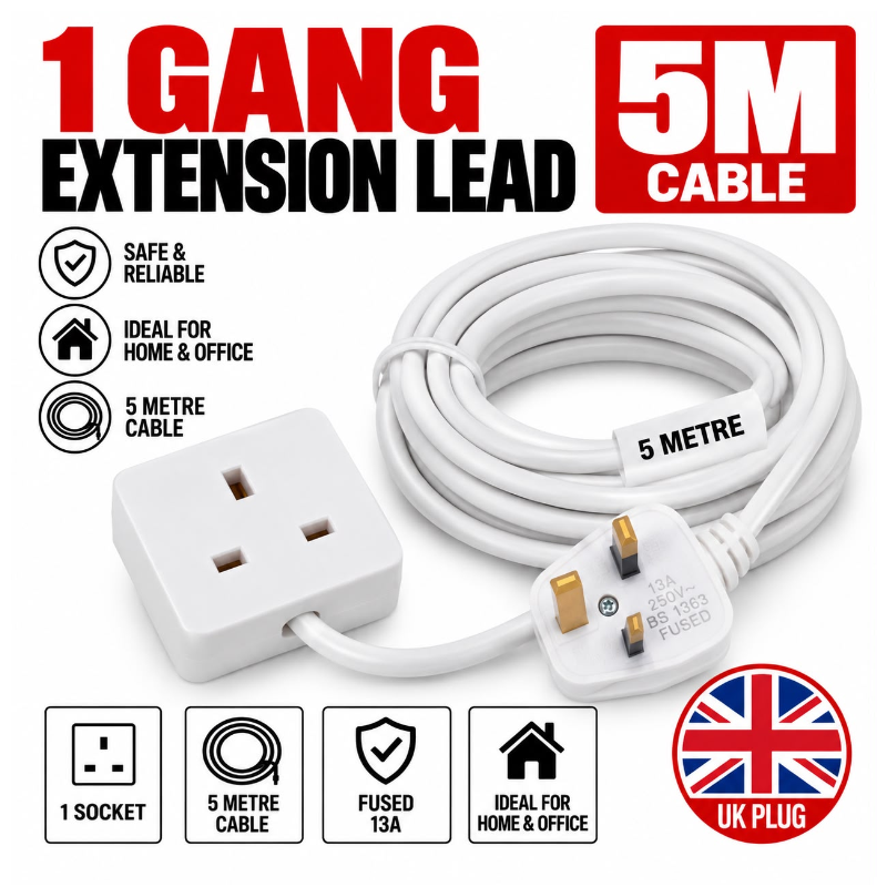 Extension Lead, 1 Gang, 5 Metre Extension Cable with UK 3 Pin Plug