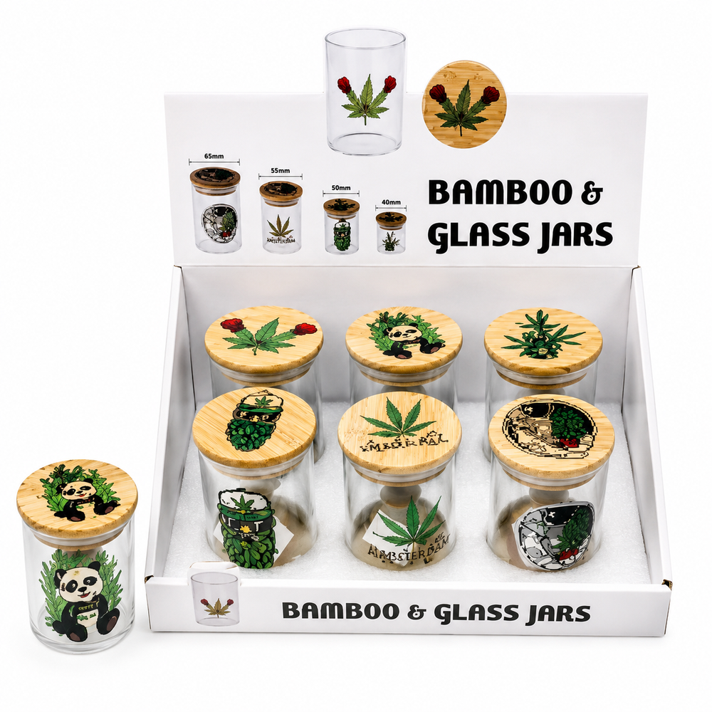 65mm Bamboo Lid Glass Storage Jars Airtight Glass Herb Storage SS-0798 - 6 jars in a tray