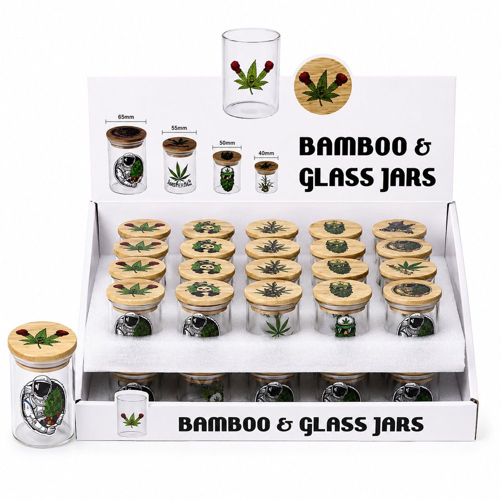 40mm Bamboo Lid Glass Storage Jars  Airtight Glass Herb Storage SS-0606 - 40 jars per Display