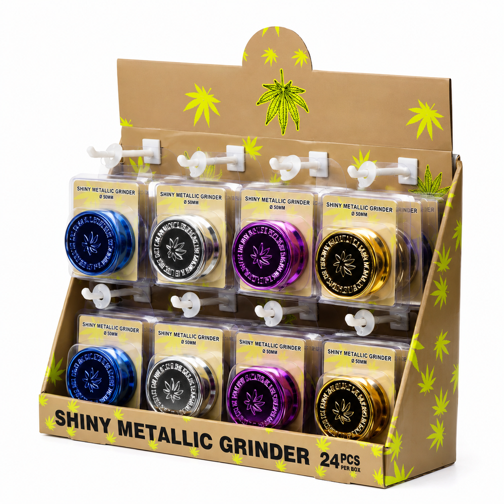 New Shiny Metallic Metal Grinder – Premium 4 Part Herb Grinder | Assorted Colours Display Pack (24pcs) SS-4500