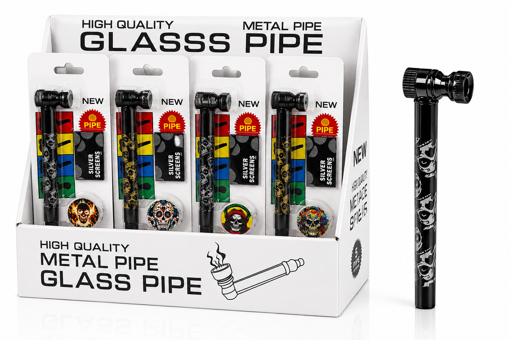 Long 10cm Metal Pipe With Screen Skull Assorted Colour x 24 SS-0552