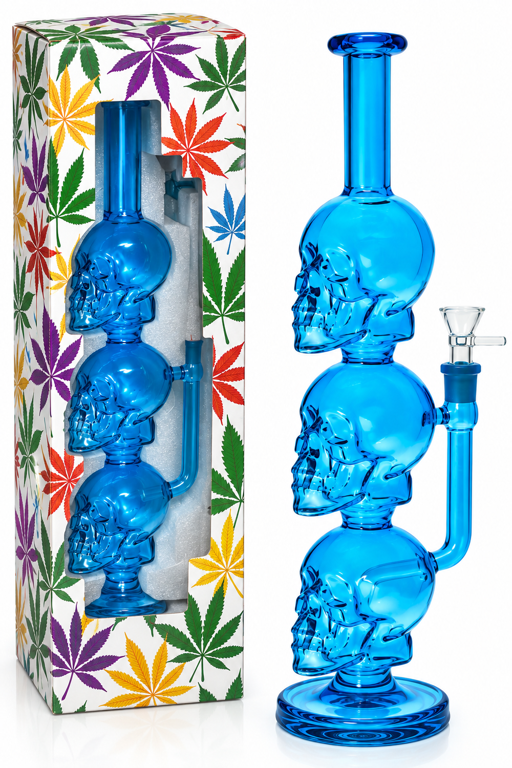 Triple Skull Blue Glass Water Pipe 30cm Bong - Assorted colour
