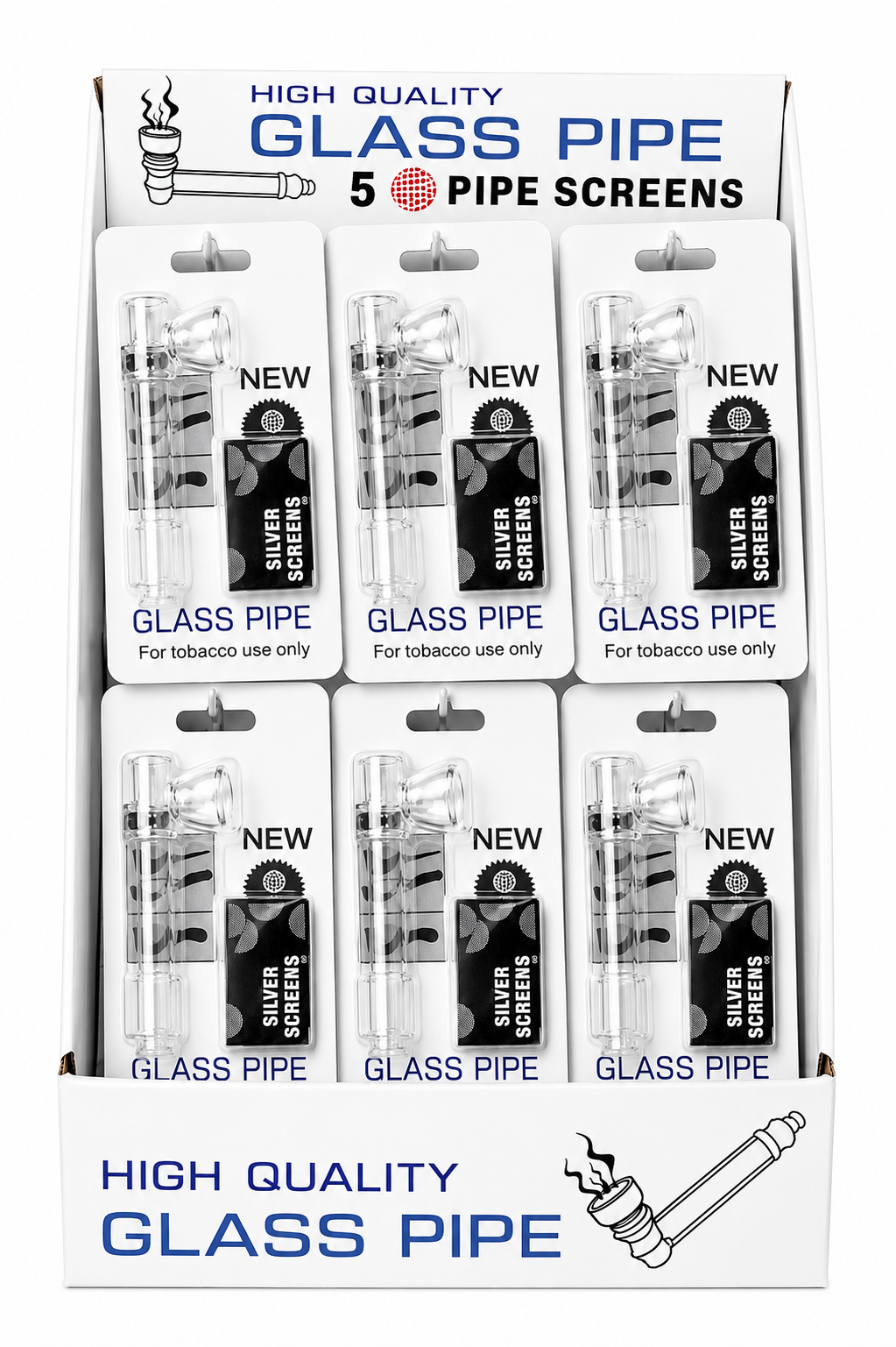 Clear Glass Pipe & Silver Screen x 24 pack