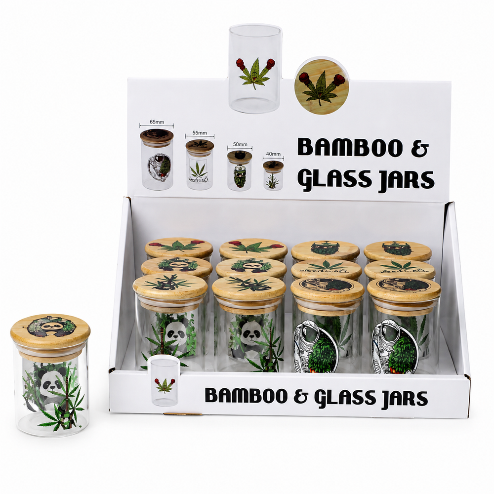 55mm Bamboo Lid Glass Storage Jars Airtight Glass Herb Storage Assorted SS-0750 - 12 jars in a tray