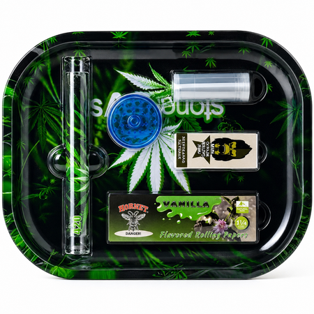 Stonerdays 420 Smoking Tray Set with Grinder, Rolling Papers, Glass Tube & Glass Tips SS-2515