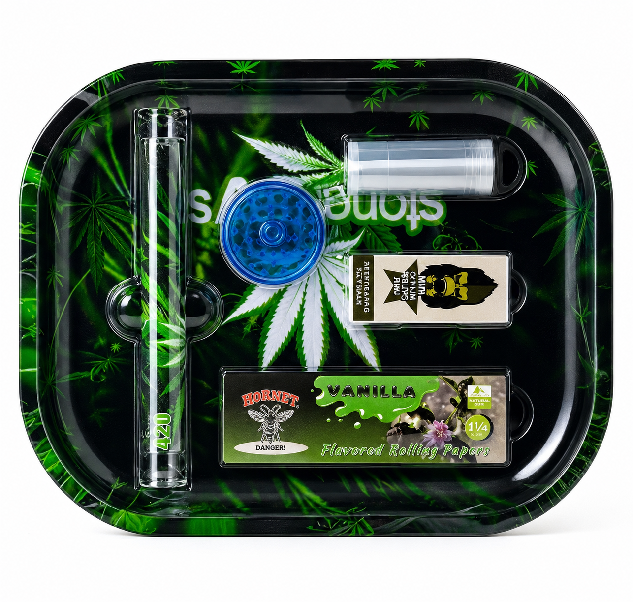 Stonerdays 420 Smoking Tray Set with Grinder, Rolling Papers, Glass Tube & Glass Tips SS-2515