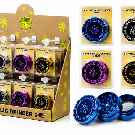 Shiny Metallic Metal Grinder – Premium 4 Part Herb Grinder | Assorted Colours Display Pack (24pcs) SS-4500