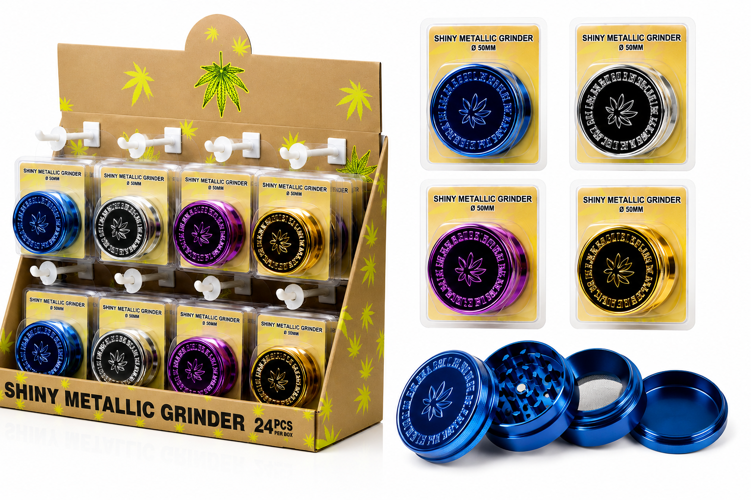 Shiny Metallic Metal Grinder – Premium 4 Part Herb Grinder | Assorted Colours Display Pack (24pcs) SS-4500