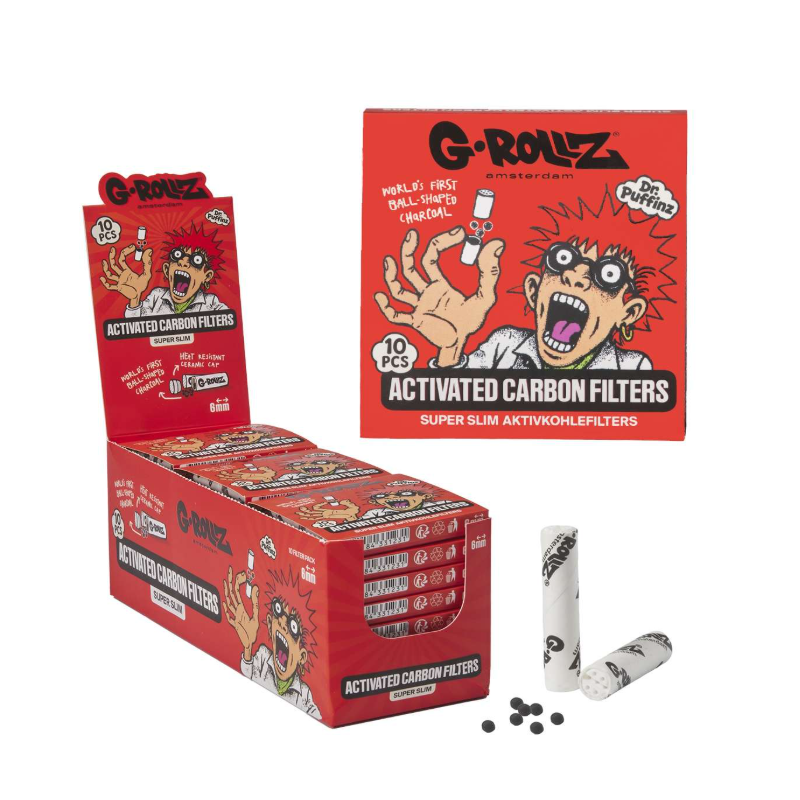 G-Rollz | Activated Carbon Filters White (Red)- 10 Tips per Pack Super Slim 6mm (24 Packs)