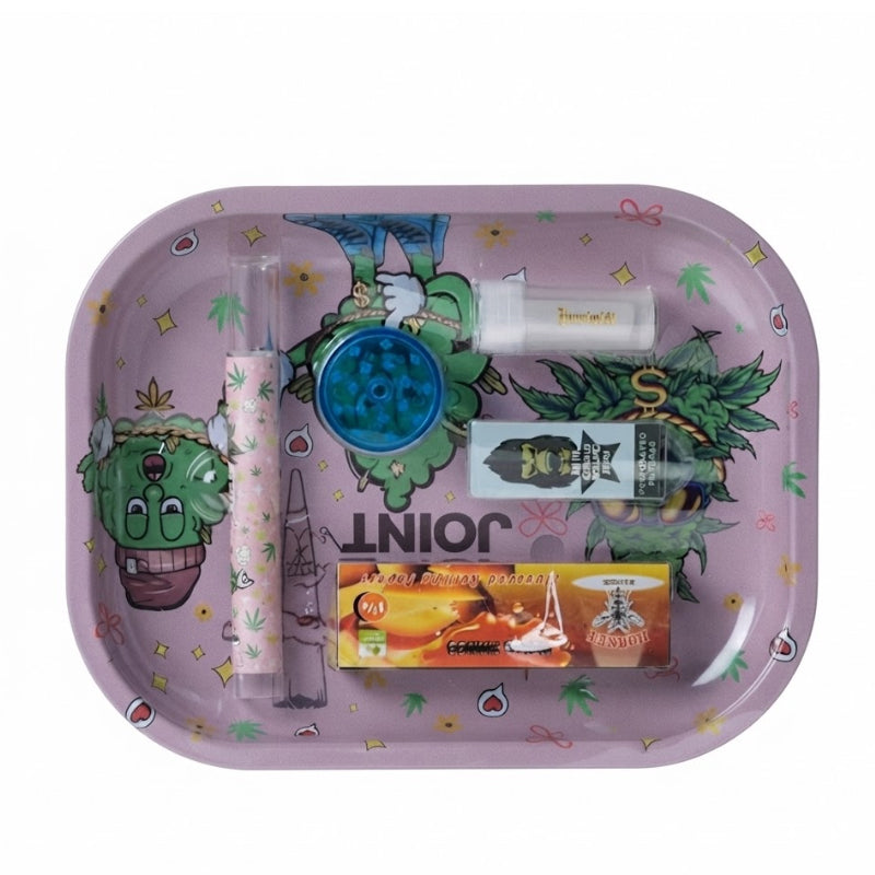 Mr. Joint Pink Smoking Tray Set with Grinder, Rolling Papers, Glass Tube & Glass Tips SS-2515