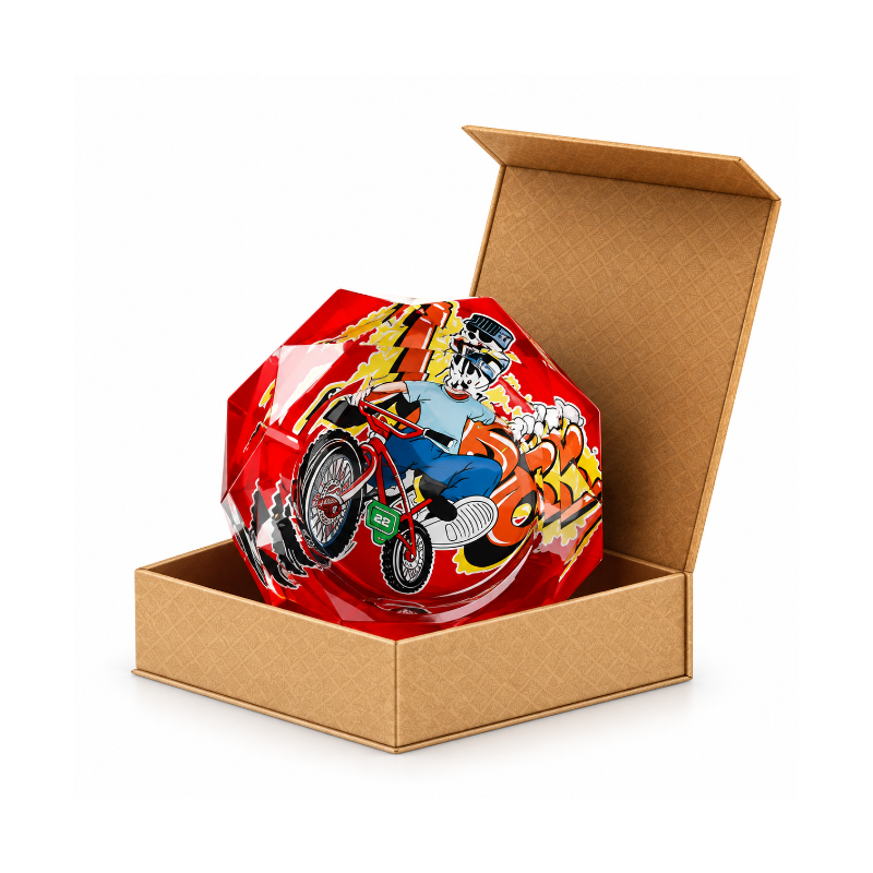 Motorbike Rider Round Glass High Quality Heavy Ashtray in Display Box