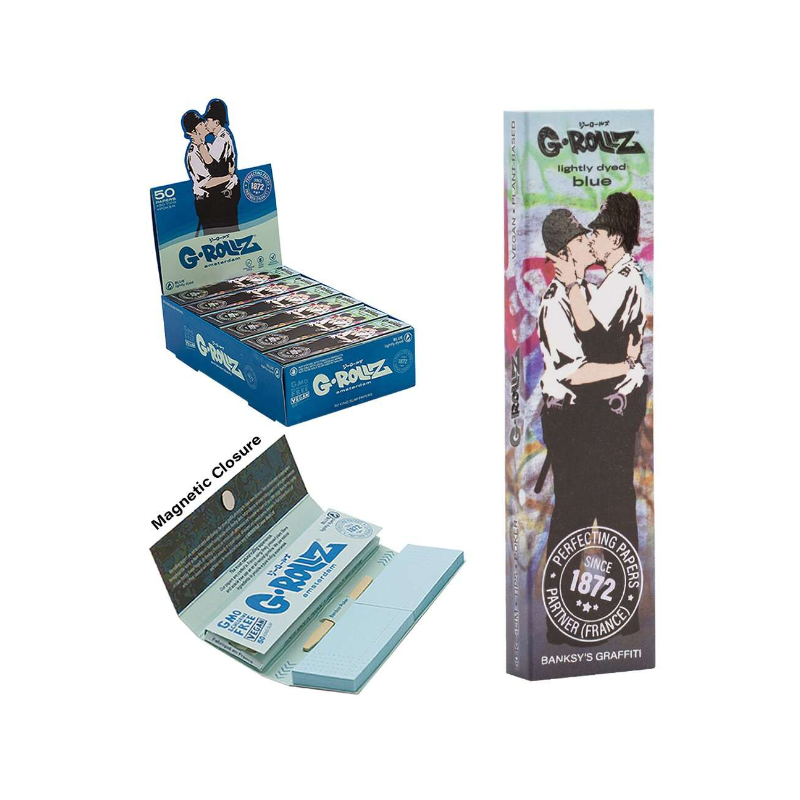 G-Rollz | Banksy's Graffiti 'Cop on Cop' Blue - 50 Kingsize Slim Papers + Tips (24 Booklets Display)