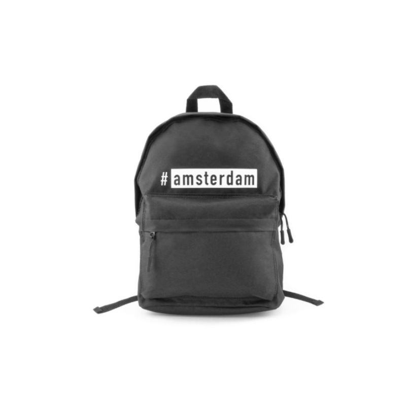 Black backpack with # Amsterdam Design