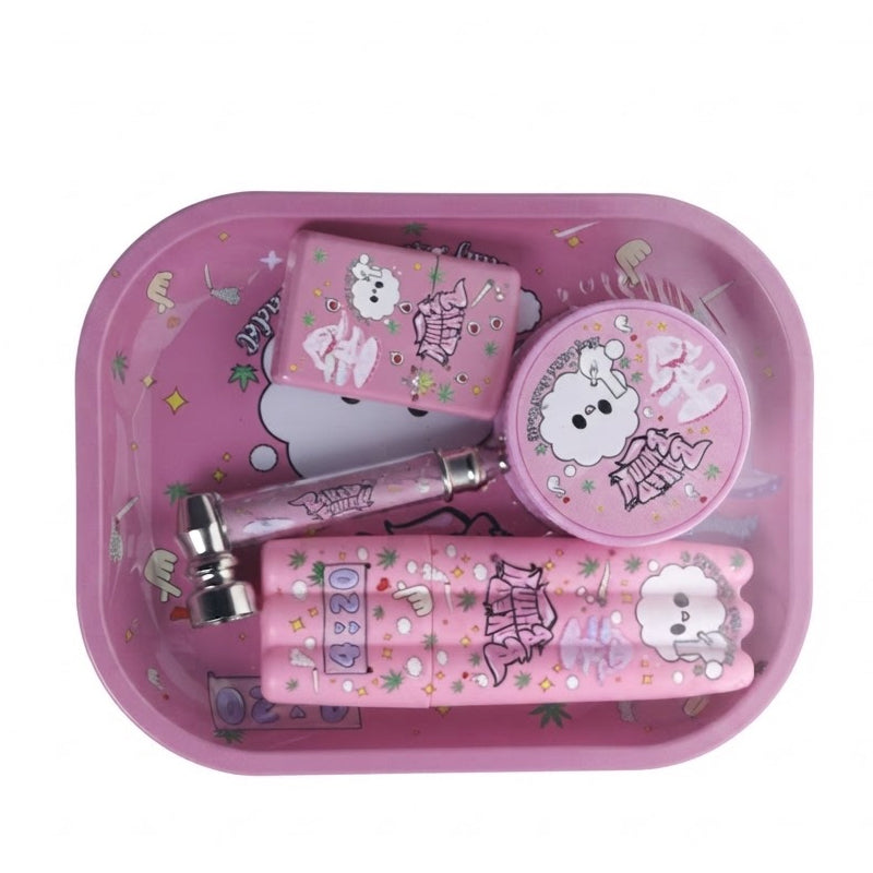 Baked Bunny Tray Gift Set – Oil Lighter, Small Metal Pipe, Plastic Grinder & 3-Piece Joint Holder SS-2176