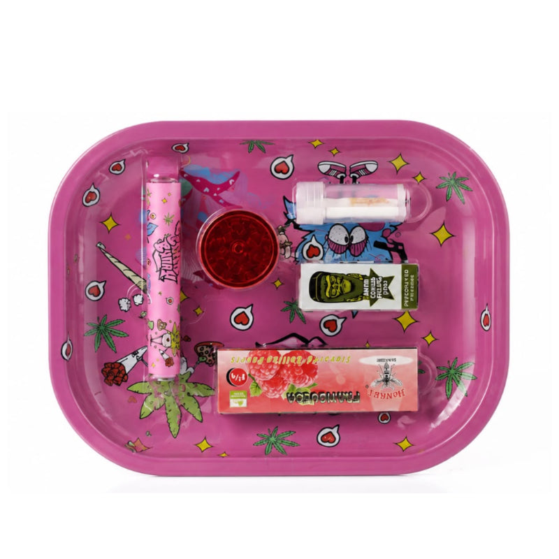 Pink Backed Bunny Smoking Tray Set with Grinder, Rolling Papers, Glass Tube & Glass Tips SS-2515