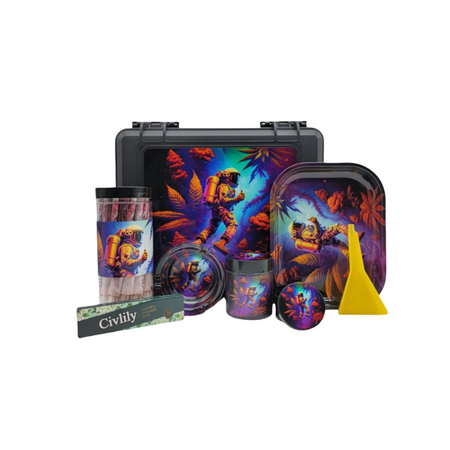 Black Briefcase Set - Cones, Container, Trays Ashtray and Accessories Gift Set- Assorted Designs