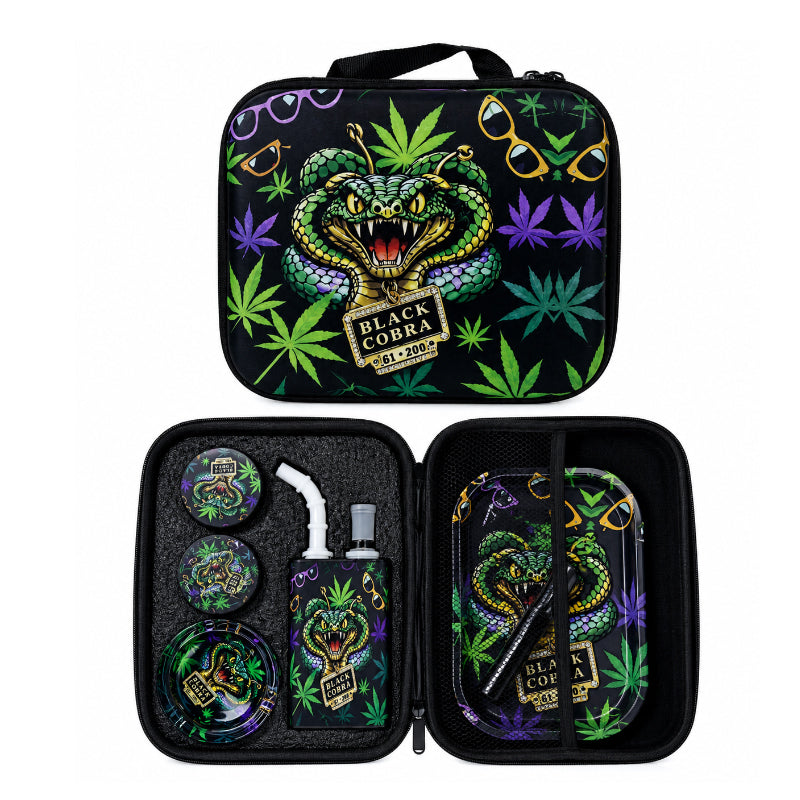 Zipper Set Smoking Black Cobra with Ashtray, Grinder, Tray, Bong and Containers Gift Set SS-0010