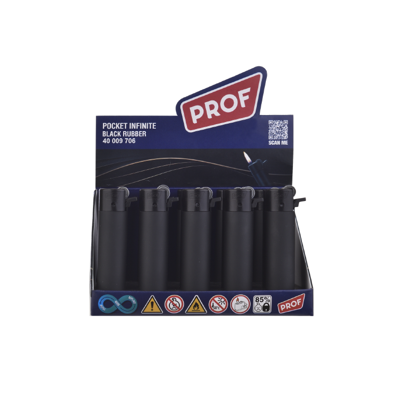Prof Pocket lighters Round Flint Black Rubber 25 pack