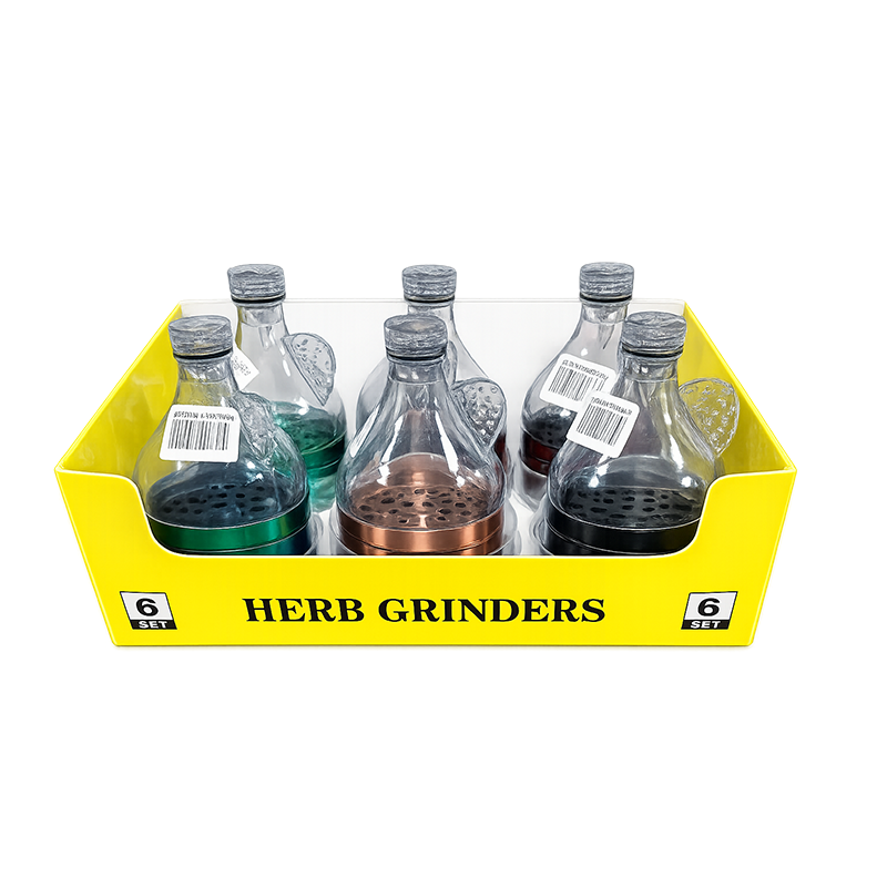 Bottle Design 4-Part Herb Grinder with Clear Chamber – Assorted Colours | 6-Piece Display Box