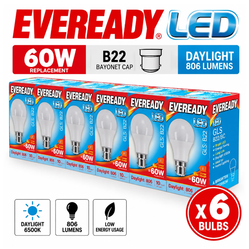 Eveready 60W Replacement LED GLS Bulbs Pack 6