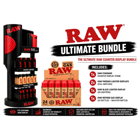 EXCLUSIVE RAW Ultimate Counter Display Stand Bundle – Phoenix Lighters, Blaze Lighters & 24x RAW Gas